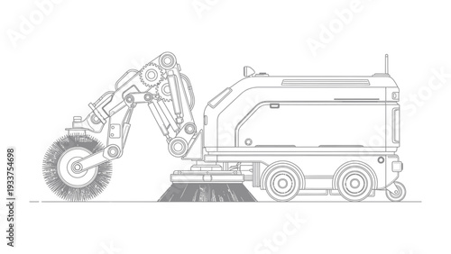 Urban Sanitation Innovated: An illustration of a cutting-edge street sweeper robot, its mechanical arm sweeping city streets with precision and efficiency.