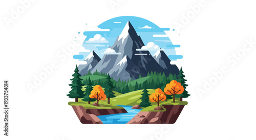 Illustration of many people hiking near a serene mountain landscape with a river, trees, and a sunny sky, showcasing a scenic outdoor adventure.