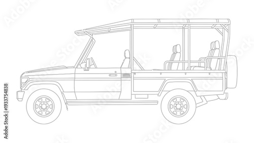 Safari Vehicle Outline: A detailed line drawing showcases the profile of a classic safari vehicle, revealing its open-air design and rugged capabilities, ready for adventure in the wild.