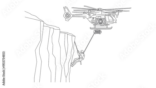 Cliffside Rescue Operation: A daring rescue scene unfolds as a helicopter hovers near a cliff, delicately lowering a rescuer to aid an individual in peril.