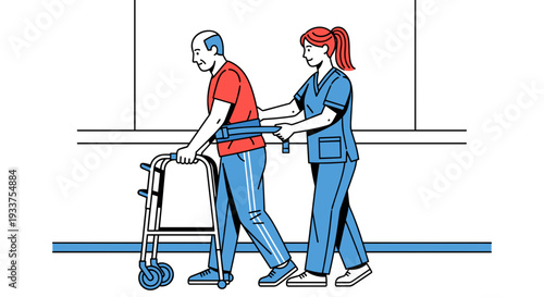 Elderly Man Walking with Caregiver Assistance.