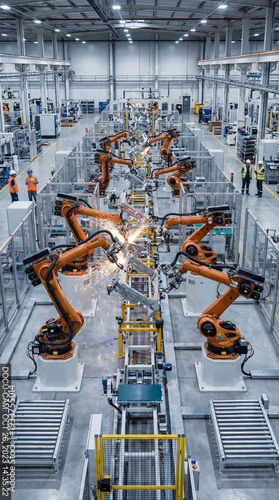 High-angle shot of robotic arms working on production line, showing modern factory automation with skilled workers.