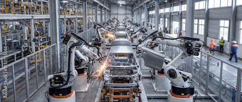 Automated precision in a car assembly line. Modern industrial robotic arms meticulously weld vehicle components in a dynamic display of automated production.