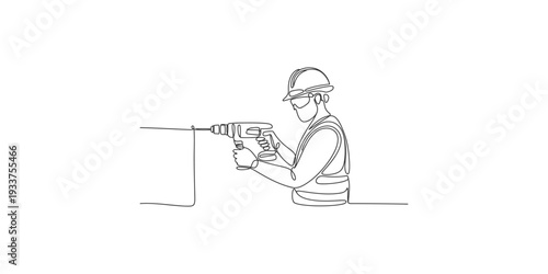 A black and white line drawing illustration of a construction worker using a power drill on a wall.