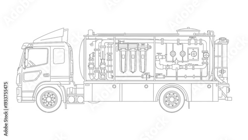 Tanker Truck Blueprint: A detailed blueprint of a tanker truck, showcasing the intricate design and components of a heavy-duty vehicle designed for transporting liquids.
