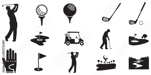 Set golf player swing, clubs, balls, and course eps 10