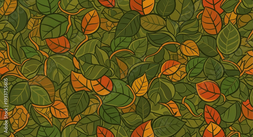 Autumn leaves pattern with green and orange colors.