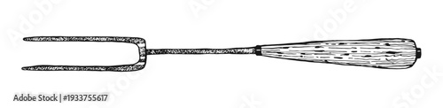 Vintage hand drawn carving meat fork with wooden handle. Engraving style vector illustration isolated on white. Sketch for bakery, kitchen design, restaurant menus, cookbook, stickers, scrapbooking.