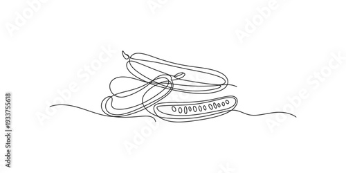 Continuous line drawing of fresh green pea pods with one pod open showing round peas