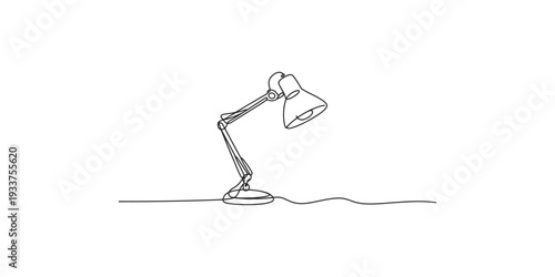 Single continuous line drawing of a classic adjustable desk lamp on a white background