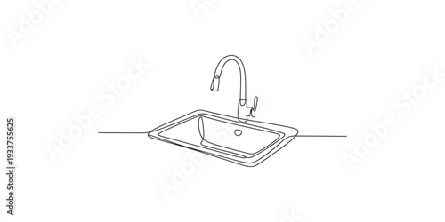 Line drawing illustration of a modern kitchen sink with a high arc swivel spout faucet