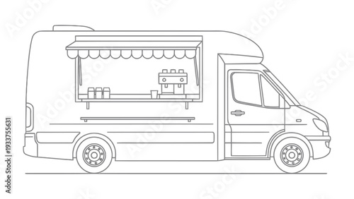 Mobile Food Business: A detailed line drawing showcases a modern food truck, perfect for culinary ventures on the move, with its distinctive service window and potential for gastronomic delights.