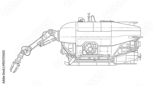 Underwater Exploration Vessel: Technical illustration of a submersible vessel, designed for deep-sea exploration, highlighting its robotic arm and intricate mechanical details.