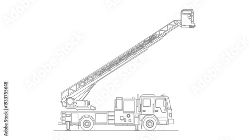 Fire Truck Sketch: A detailed line drawing of a modern fire truck with an extended aerial ladder. Ideal for depicting emergency services, urban infrastructure, and safety equipment.