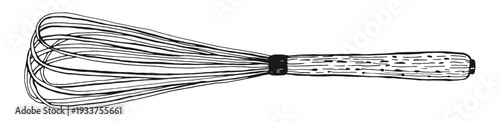 Hand drawn vector illustration of classic balloon whisk. Vintage style kitchen utensil sketch for bakery logos, restaurant menus, culinary blogs, food packaging. Line art isolated on white background.