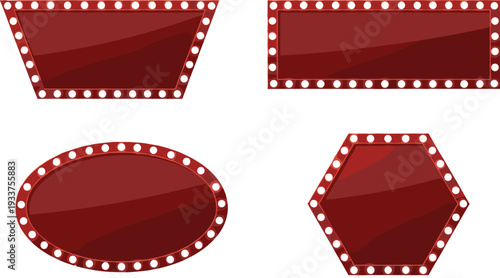 Glossy red marquee geometric shapes collection with trapezoid, rectangle, oval, and hexagon outlined by evenly spaced glowing circular lights