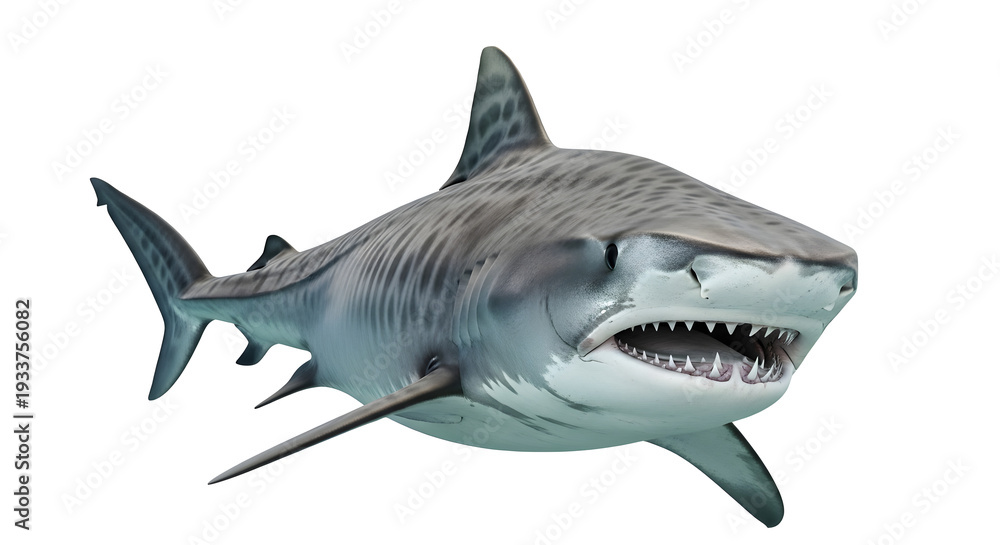 Obraz premium Great white shark swimming in the ocean with its mouth open showing sharp teeth and powerful predator appearance