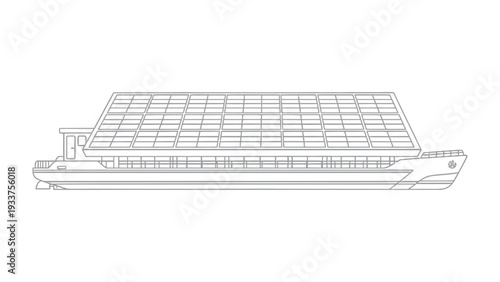Solar-Powered Vessel: A detailed illustration of a futuristic passenger vessel featuring a prominent solar panel array on its roof.