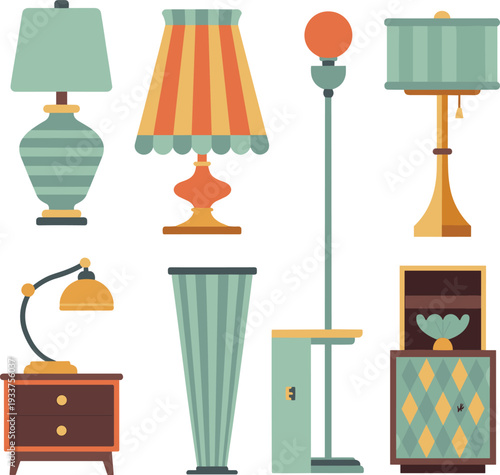 Vintage and mid century modern lamps with cabinet nightstand and decorative home lighting furniture vector illustration set