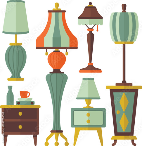 Vintage and retro table floor lamps with mid century furniture cabinet nightstand decorative home lighting vector illustration set