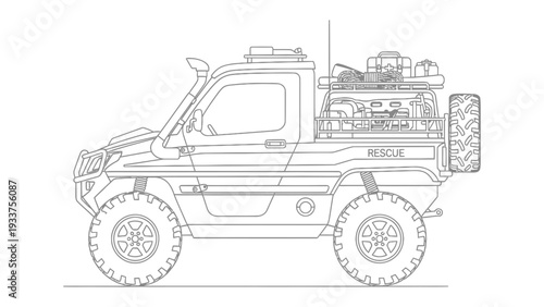 Off-Road Rescue Vehicle: A detailed outline of a robust off-road rescue vehicle, designed to navigate challenging terrains and provide aid in emergency situations.