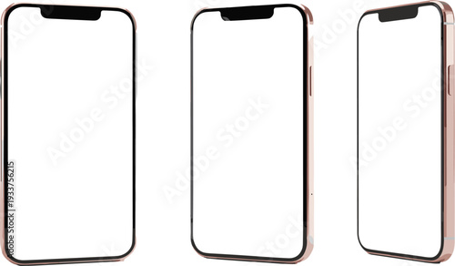 Rose gold smartphones with sleek modern design, rounded corners, black screens, and front notch displayed in multiple angled views