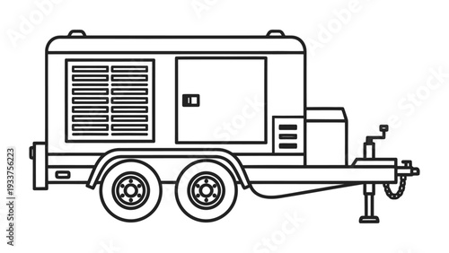 Industrial Power Generator: A detailed line drawing showcases a robust, trailer-mounted industrial power generator, an emblem of dependable energy supply for diverse applications.