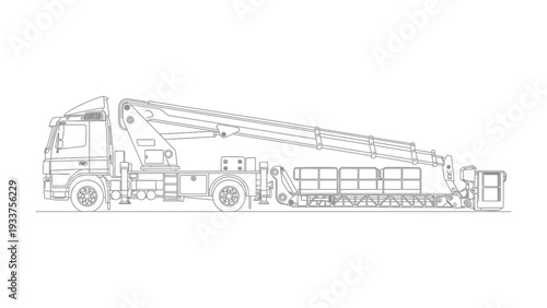 Industrial Aerial Platform Vehicle: A detailed line drawing of an industrial aerial platform vehicle, showcasing its intricate mechanical design and operational functionality.