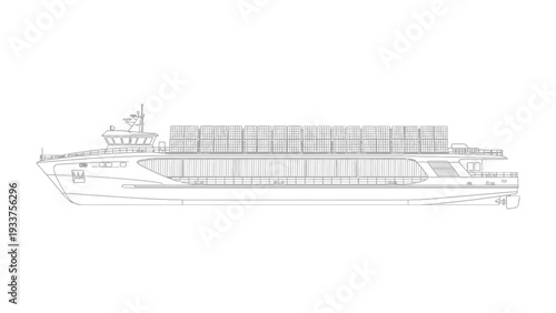Cargo Ship Silhouette: A sleek outline of a massive cargo ship glides through the sea, its silhouette against the sky, symbolizing global trade and maritime industry. 
