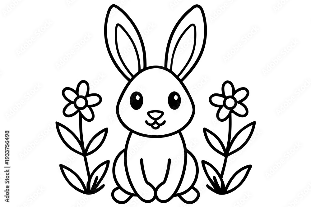 Fototapeta premium Cute bunny rabbit sitting among flowers, black and white line art for coloring