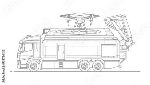 Drone and truck Integration: A detailed line drawing shows a drone docked on top of a specialized truck. This image highlights modern technology and innovation.