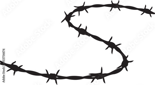 Black barbed wire forming an S-curve with shadow, isolated on white background