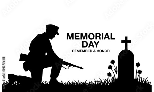 Memorial Day tribute featuring a black silhouette of a soldier kneeling in prayer at a grave with a cross and flowers, isolated on a white background to remember and honor fallen heroes.