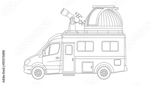 Mobile Observatory Concept: An artistic representation of a camper van transformed into a mobile observatory, complete with a telescope and observation dome, set against a pristine, neutral backdrop.