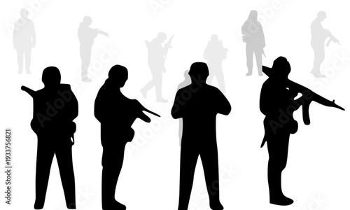 Tactical military soldier silhouettes standing in a group with rifles and gear, featuring a layered depth effect with gray background figures for army and combat defense concepts.