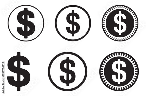 Black and white dollar coin icons set featuring various line weights and border styles for financial apps