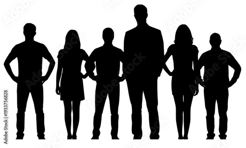 Professional group of business people silhouettes standing together in a row on a white background, featuring diverse men and women in confident poses for corporate teamwork concepts.