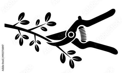 Professional black silhouette of garden pruning shears cutting a leafy tree branch, isolated on a white background for landscaping, gardening, and horticulture design concepts.