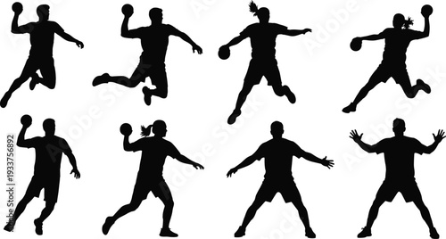 "Black silhouettes of athletes playing handball in dynamic poses including jumping, throwing, and blocking, perfect for sports, training, fitness, and design projects
