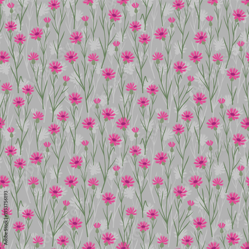 Seamless pink cornflower pattern with slender green stems on light grey background, minimal meadow hand drawn botanical illustration for textile wallpaper and surface design.