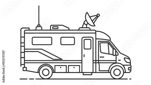 Broadcasting Van: A detailed black and white illustration of a broadcasting van, equipped with a satellite dish and antenna, essential for on-location reporting and communication.