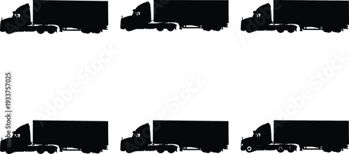 Variety of six black silhouette semi-trailer trucks in profile, showcasing different angles and models for transportation and logistics themes.