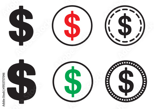 Set of vector dollar currency symbol icons in various styles isolated on white background
