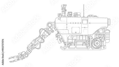 Underwater Robot: An intricately detailed line art illustration of a state-of-the-art underwater robot. Its mechanical arm, bristling with advanced technology, reaches out.