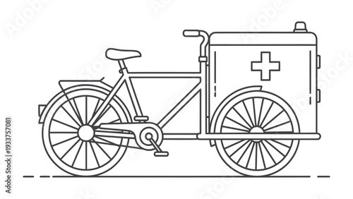 Emergency Response Bicycle: A detailed line drawing showcases a specialized bicycle designed for rapid emergency response, equipped with a medical box and cross emblem, ready to navigate any terrain.