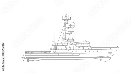 Detailed Vessel Blueprint: A meticulous outline of a modern vessel, showcasing the complex engineering and design of the ship, with detailed lines.