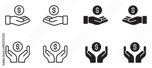Set of vector hands holding dollar coin icons in various styles isolated on white background