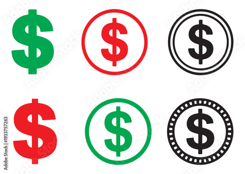 Collection of dollar sign icons in various colors and styles for monetary symbols