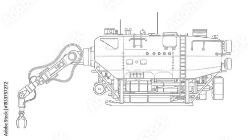Underwater Explorer: A detailed line drawing showcases a state-of-the-art underwater submersible, ready to navigate the depths.