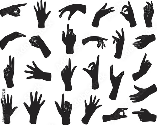 Black Hand Silhouettes Collection with Various Finger Gestures and Poses for Communication and Graphic Design Projects